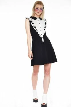 Jawbreaker Button Down Knit Dress With Rose Embroidered On Ruffle