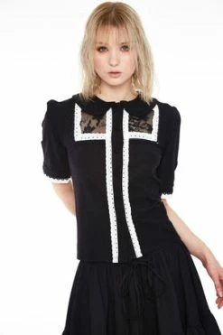 Jawbreaker Lace And Trim Collared Button Up Top