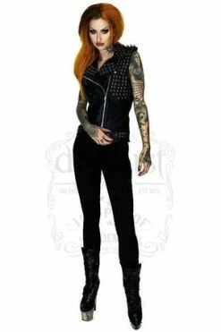 Dr Faust Black Studs And Spikes Leather Black Biker Vest - Lofn