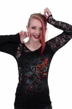 Spiral Burnt Rose - Lace One Shoulder Top Black -Cheap GOTHIC DRESSES Store burnt rose lace one shoulder top black spiral 3 300x