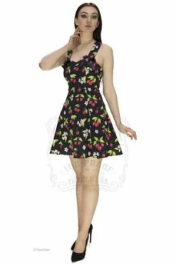 Dr Faust Cherry And Flowers Black Mini Dress - Kaitlyn