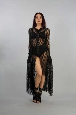 Burleska Dracula Long Hooded Dress In Black Lace