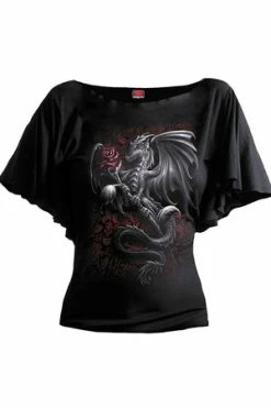 Spiral Dragon Rose - Boat Neck Bat Sleeve Top Black