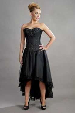 Burleska Geneva Hi-low Prom Corset Dress In Black Taffeta And Black Mesh Overlay