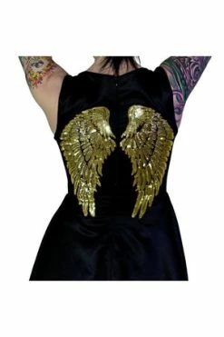 Dr Faust Gold Sequin Wings Black Silk Mini Dress - Hope -Cheap GOTHIC DRESSES Store gold sequin wings black silk mini dress hope dr faust 3 300x