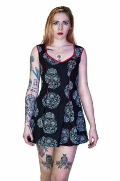 Dr Faust Grey Sugar Skulls Black Mini Dress - Calavera -Cheap GOTHIC DRESSES Store grey sugar skulls black mini dress calavera dr faust 4 300x