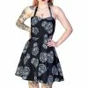 Dr Faust Grey Sugar Skulls Halterneck Black Mini Dress - Medea