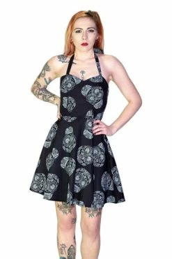 Dr Faust Grey Sugar Skulls Halterneck Black Mini Dress - Medea