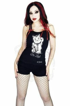 Dr Faust Japanese Out Of Luck Cat Women's Black Vest - Erika