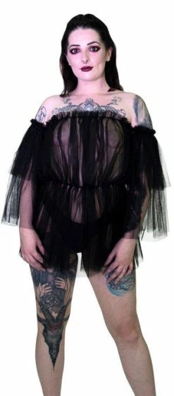 Dr Faust Lace Bardot Black Sheer Mini Dress - Wilhelmina