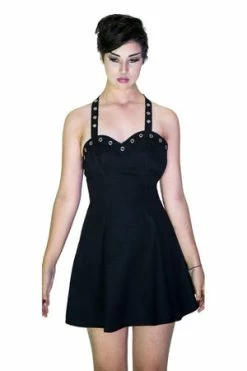 Dr Faust Metallic Eyelets Black Halterneck Mini Dress - Maisie