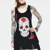 Jawbreaker Mexican Skull And Roses Longline Sleeveless Top With Back Mesh