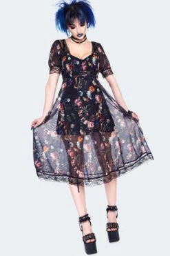 Jawbreaker Night Garden Print Midi Dress With Lace