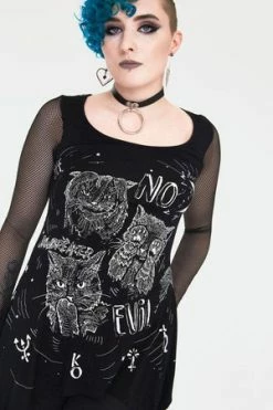 Jawbreaker No Evil Cats Longline Top With Net Sleevess -Cheap GOTHIC DRESSES Store no evil cats longline top with net sleevess tpa 2501 04.1146 300x