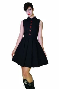 Dr Faust Occult Red Metal Wiccan Star Buttons Black Midi Dress - Martha