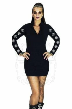 Dr Faust Pentagrams Long Sleeved Black Mini Dress - Clare