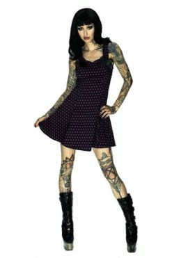 Dr Faust Pink Polka Dots Black Mini Dress - Kathy