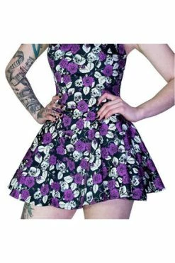 Dr Faust Purple Roses And Skulls Mini Dress - Rebellion -Cheap GOTHIC DRESSES Store purple roses and skulls mini dress rebellion dr faust 3 300x