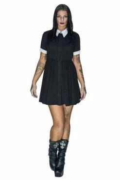 Dr Faust Short Sleeve Wednesday Addams Black Mini Dress - Samara