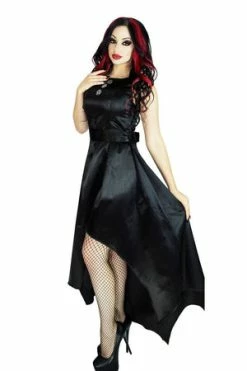 Dr Faust Silver Pentagram Buttons Raw Silk Black High-Low Dress - Amina