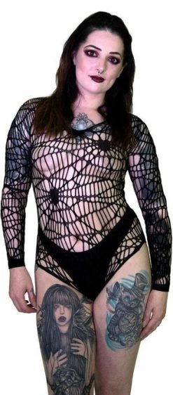 Dr Faust Spider Web Fish Net Black Sheer Bodysuit - Idania