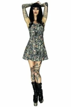 Dr Faust Sugar Skulls Colourful Halter Neck Mini Dress - Oasis