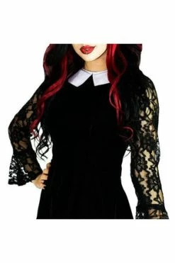 Dr Faust White Collar Long Sleeve Black Velvet Mini Dress - Ayla -Cheap GOTHIC DRESSES Store white collar long sleeve black velvet mini dress ayla dr faust 3 300x