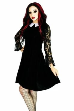 Dr Faust White Collar Long Sleeve Black Velvet Mini Dress - Ayla