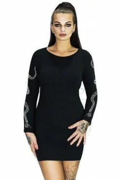 Dr Faust White Snake Long Sleeved Black Mini Dress - Serena